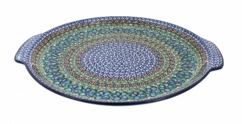 Blue Rose Polish Pottery Mardi Gras Round Serving Tray with Handles Perspective: front