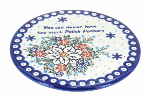 Blue Rose Polish Pottery Never Too Much Polish Pottery Trivet Perspective: front