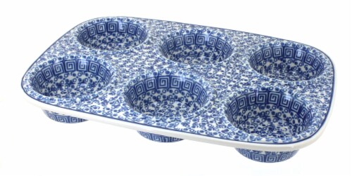 Blue Rose Polish Pottery Olympia Muffin Pan Perspective: front