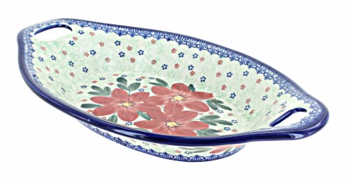 Blue Rose Polish Pottery Pointsettia Bread Tray with Handles Perspective: front