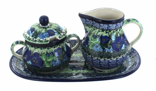 Blue Rose Polish Pottery Sapphire Fields Large Cream & Sugar Set with Tray Perspective: front