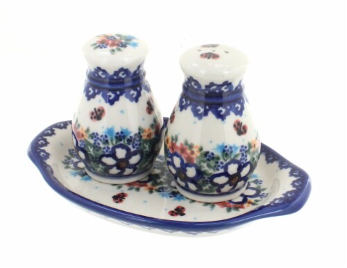 Blue Rose Polish Pottery Scarlett Salt & Pepper Shakers with Tray Perspective: front