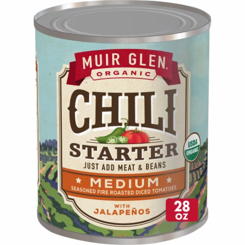 Muir Glen™ Organic Medium Seasoned Fire Roasted Diced Tomatoes with Jalapeños Chili Starter Perspective: front
