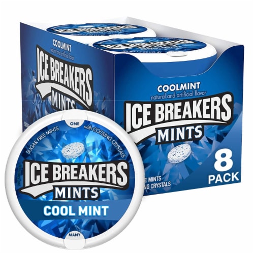 ICE BREAKERS Coolmint Sugar Free Breath Mints, On the Go Candy, 1.5 oz Tins (8 Count) Perspective: front