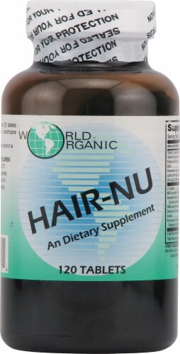 World Organic Hair-Nu Supplement Tablets Perspective: front