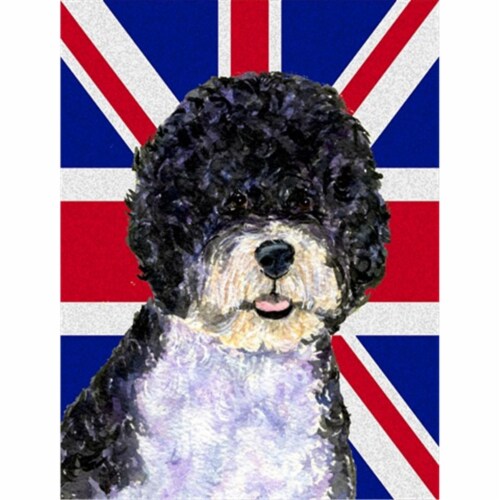 Portuguese Water Dog With English Union Jack British Flag Flag Garden Size Perspective: front