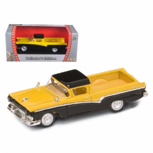 1 by 43 1957 Ford Ranchero Diecast Model Car, Yellow & Black Perspective: front