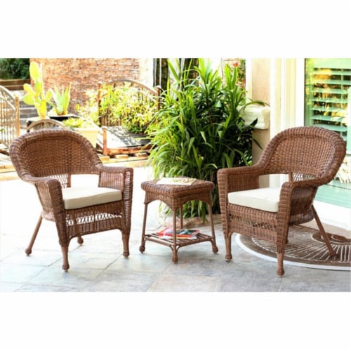 3 Piece Honey Wicker Chair And End Table Set With Orange Chair