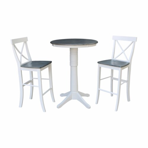 30  Round Wood Bar Height Table With 2 X-back Stools in White/Heather Gray Perspective: front