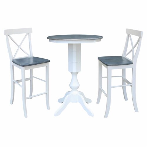 30  Round Wood Bar Height Table With 2 X-back Stools in White/Heather Gray Perspective: front