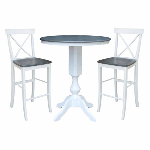 36  Round Wood Extension Bar Height Table and 2 Stools in White/Heather Gray Perspective: front