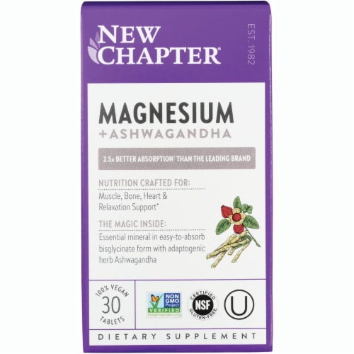 New Chapter Magnesium + Ashwagandha 30 Vegan Tabs Perspective: front