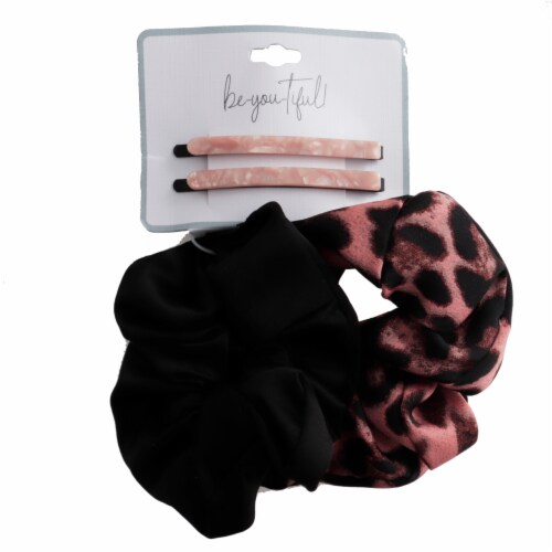 Black Print Barrette & Scrunchie Set Perspective: front