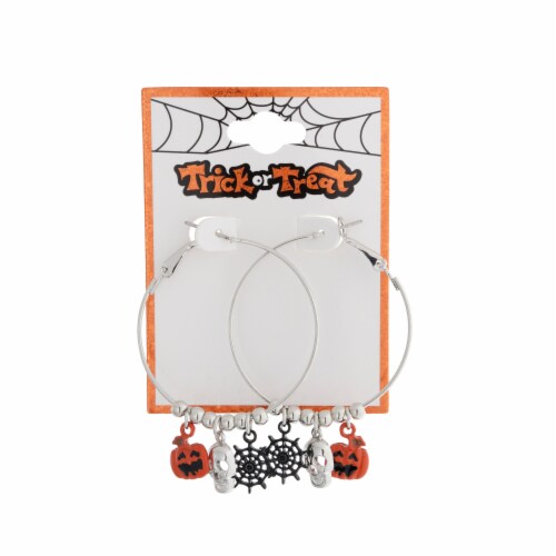 FAF Pumpkin Skeleton & Spider Hoop Earrings - Silver Perspective: front