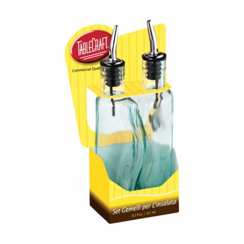 Tablecraft 6505523 17 oz Oil & Vinegar Set with Pourer Glass & Steel - Clear Perspective: front