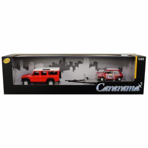 Cararama 48131M Land Rover Defender 110 Red & White Top with Trailer & Mini Cooper No.113 Bri Perspective: front