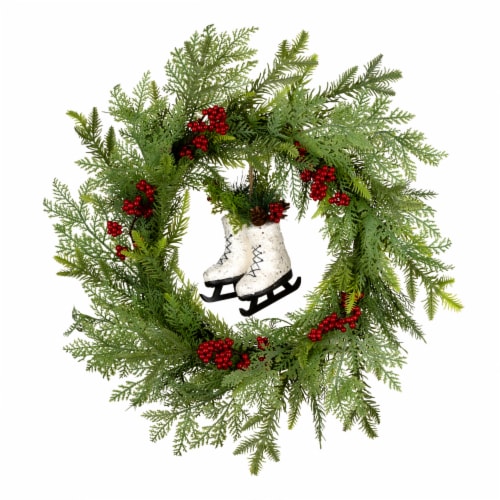 22 Unlit Winter Skates Artificial Wreath with Red Berries - National Tree Company Perspective: front