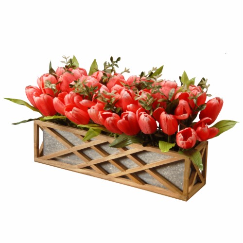 Decorated Spring Planters- 20  Pink Tulips with Onion Grass in Tin Pot Perspective: front