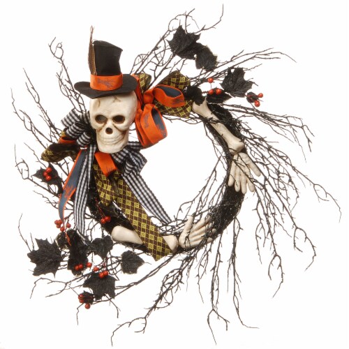 National Tree Company Artificial Skeleton's Halloween Wreath, Decorated with Branches, Orange Perspective: front