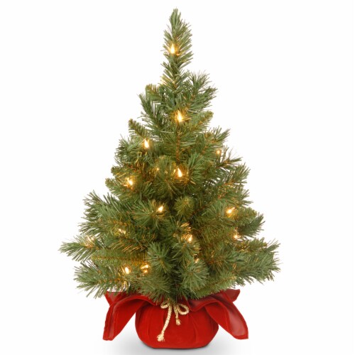 24  Majestic Spruce Tree in Burgundy Cloth Bag with 35 Warm White Battery Operated LED Lights Perspective: front