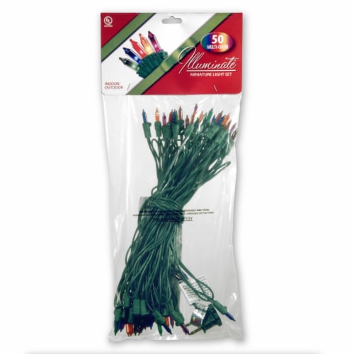 50 Bulb Outdoor Multi Illuminate Light Set- Green Wire-36" Lead Wire-9" Spacing-2 Spare Bulbs Perspective: front