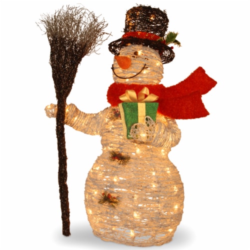 35  White Ratton Snowman Holding Gift and Broom with 70 Clear Outdoor Lights Perspective: front