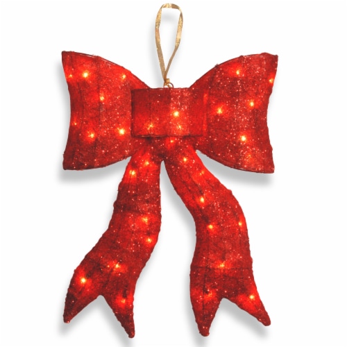 24  Red Wavy Sisal Bow with 35 Clear Indoor/Outdoor Lights-UL Perspective: front