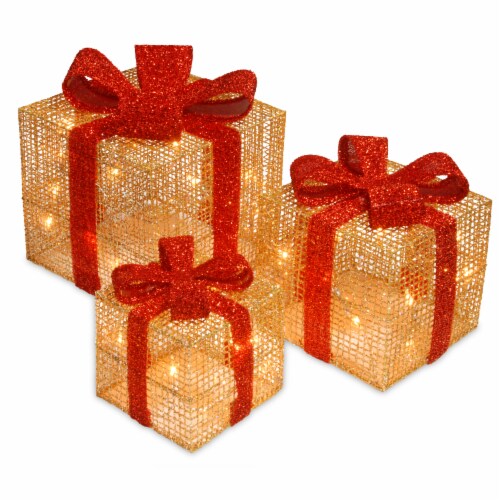 Set of 3 Gold Thread Giftbox with Holly & 35 Clear Indoor/Outdoor Lights Perspective: front