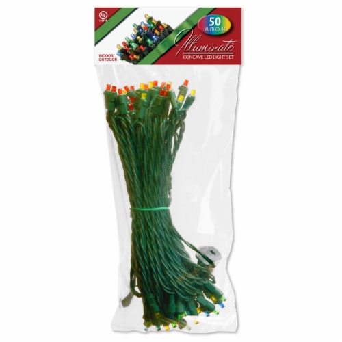 50 Bulb Outdoor 4-Color Multi Mini Concave LED Illuminate Light Set- Green Wire Perspective: front