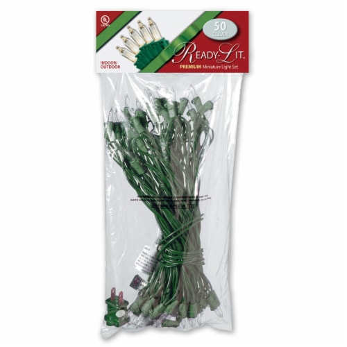 50 Bulb Outdoor Clear Ready-Lit Illuminate Light Set- Green Wire Perspective: front