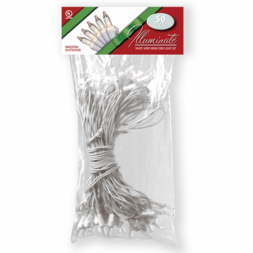 50 Bulb Outdoor Clear Illuminate Light Set- White Wire-36" Lead Wire- 9" Spacing-2 Spare Bulb Perspective: front