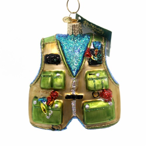 Old World Christmas Fishing Vest Glass Hook Bate Lake Ocean 44091 Perspective: front