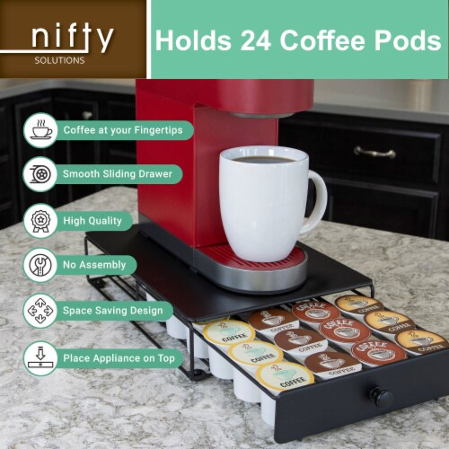 Nifty Coffee Pod Drawer – Silver, 36 Pod Pack Holder, Slim Home Kitchen Counter Organizer Perspective: front