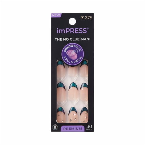 KISS imPRESS No Glue Mani Press On Nails, Premium, Visions, Green, Med Almond, 30 ct Perspective: front