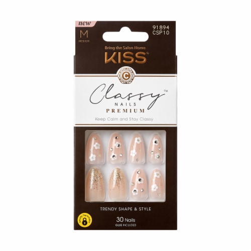 KISS Classy Nails Premium, Press-On Nails, Gleamin, White, Med Almond, 30 ct Perspective: front