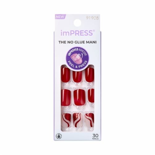 KISS imPRESS No Glue Mani Press On Nails, Mini, Endlessly, Red, Short Squoval, 30 ct Perspective: front