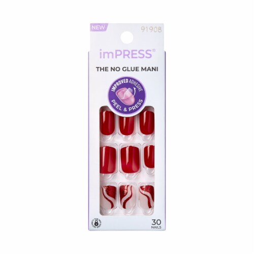 KISS imPRESS No Glue Mani Press On Nails, Mini, Endlessly, Red, Short Squoval, 30 ct Perspective: front