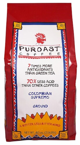 Puroast  Low Acid Coffee Colombian Supremo Blend Drip Grind Bag Perspective: front