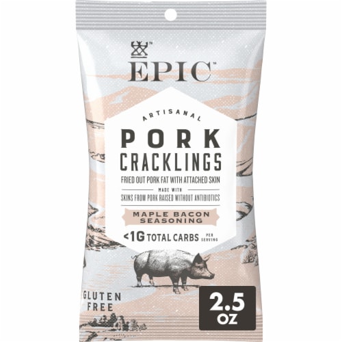 Epic Maple Bacon Pork Cracklings Keto Friendly Paleo Friendly Perspective: front