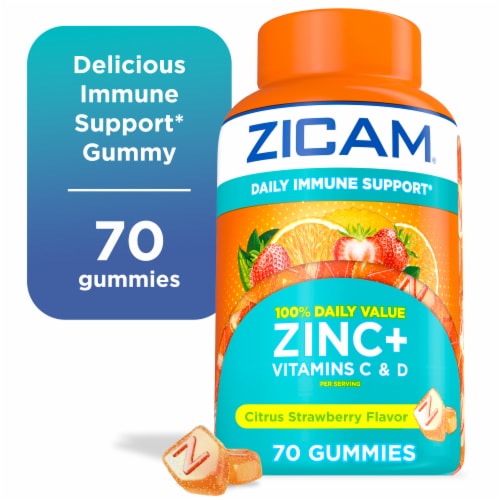 Zicam® Daily Immune Support Zinc Plus Vitamins C & D Citrus Strawberry Flavor Gummies Perspective: front