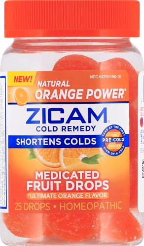 Zicam Medicated Orange Flavor Cold remedy Fruit Drops Perspective: front