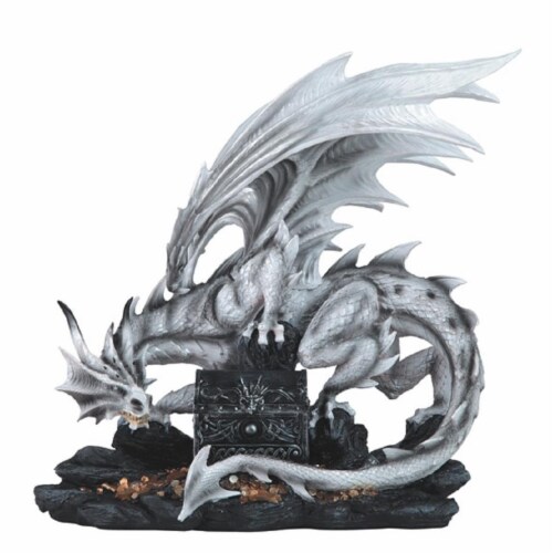 Q-Max GSC9971495 20 in. Medieval Dragon with Treasure Chest Statue Fantasy Decoration Figurin Perspective: front