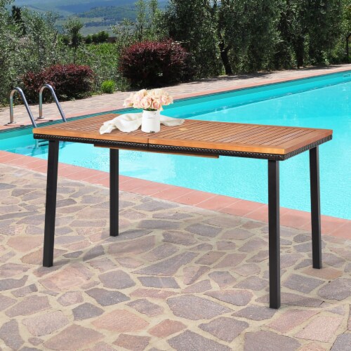 55 Patio Rattan Dining Table Acacia Wood Table Top Umbrella Hole