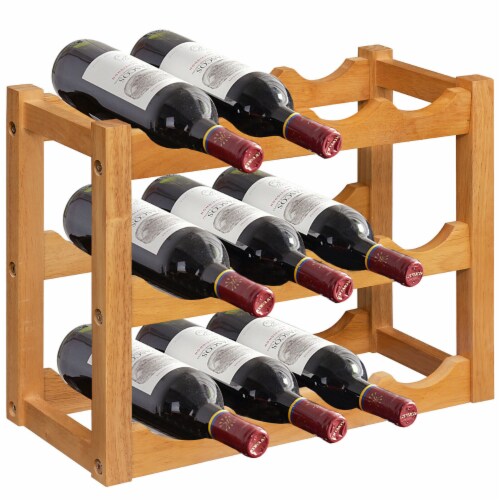 Costway 3-Tier Rubber Wood Wine Rack 12 Bottles Wine Display Holder Tabletop Bar Kitchen Perspective: front