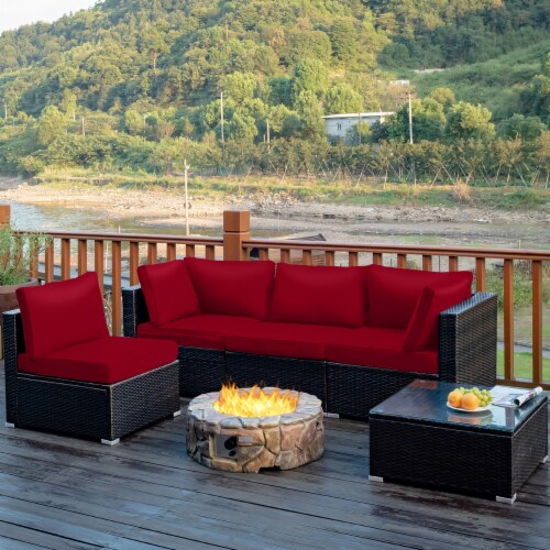 Costway 5PCS Patio Rattan Furniture Set Cushioned Sofa Chair Coffee Table Red 1 unit Jay C Food Stores