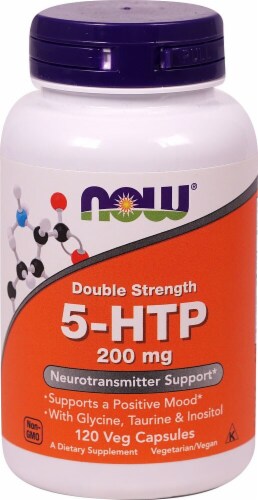 NOW Foods Double Strength 5-HTP Dietary Supplement Veg Capsules 200mg Perspective: front
