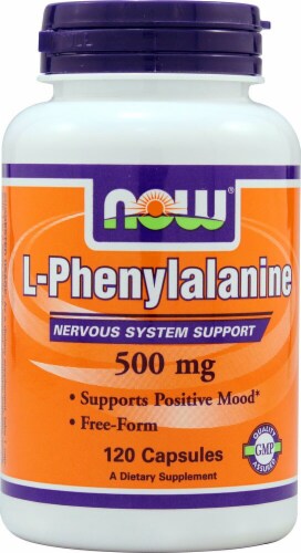 NOW Foods L-Phenylalanine Dietary Supplement Capsules 500mg Perspective: front