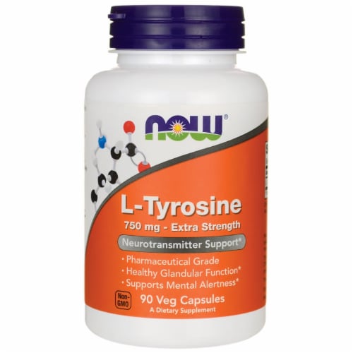 NOW Foods L-Tyrosine 750 mg 90 Veg Caps Perspective: front