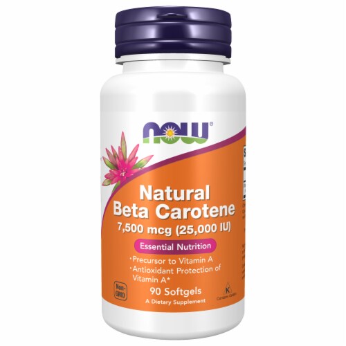 NOW Foods Natural Beta Carotene 25000 IU Essential Nutrition Dietary Supplement Softgels Perspective: front