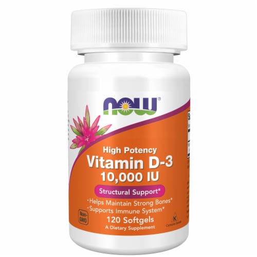 NOW Foods Vitamin D-3 Dietary Supplement Softgels 10000IU Perspective: front